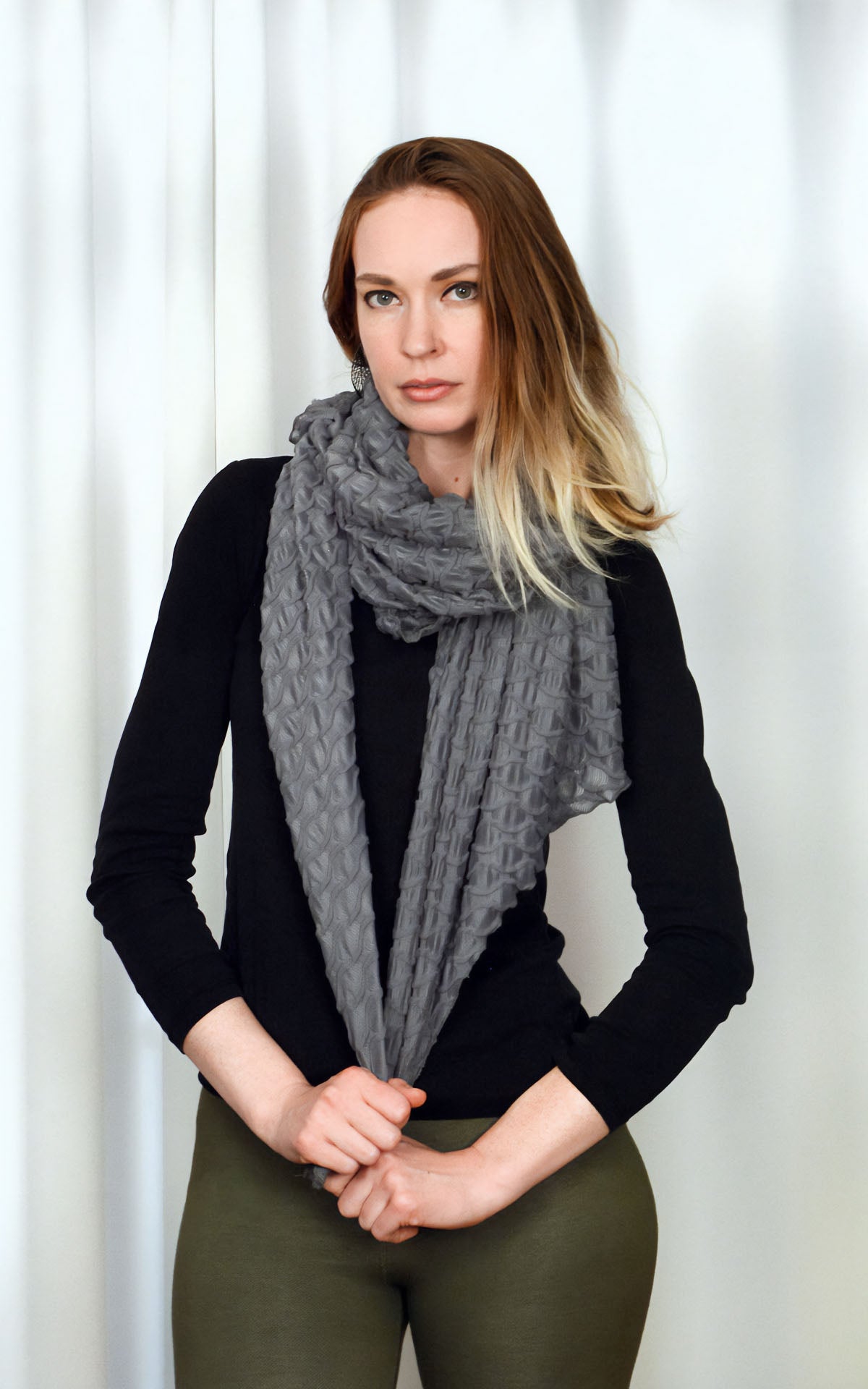 Woman wearing Handkerchief Scarf in Gray, in the Pandemonium Seattle Fractal Collection. LYC by Pandemonium is handmade in Seattle, WA, USA.