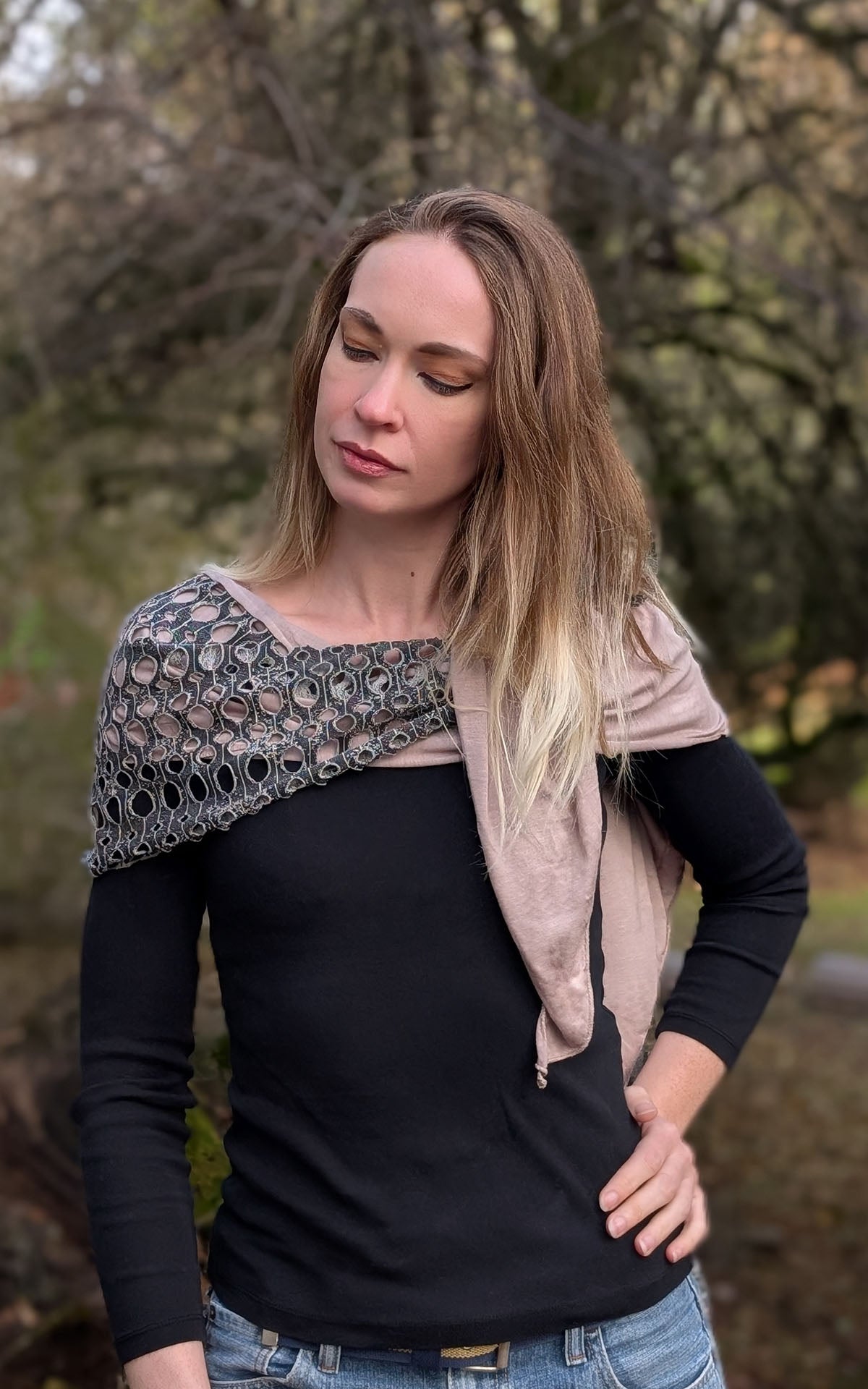 Model wearing Two-Tone Handkerchief Scarf | Lunar Landing, a black and neutral knit with curled edges surrounding holes, paired with a light-weight lime Stardust Jersey Knit | Handmade in Seattle WA | Pandemonium Millinery