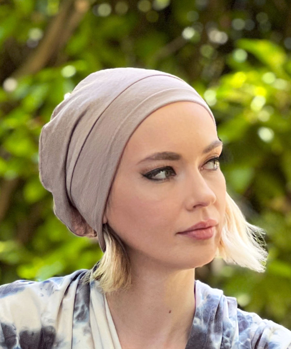 Woman modeling Rowdie Hat in Stardust  Jersey Knit  | By Pandemonium Millinery |  Handmade in Seattle WA