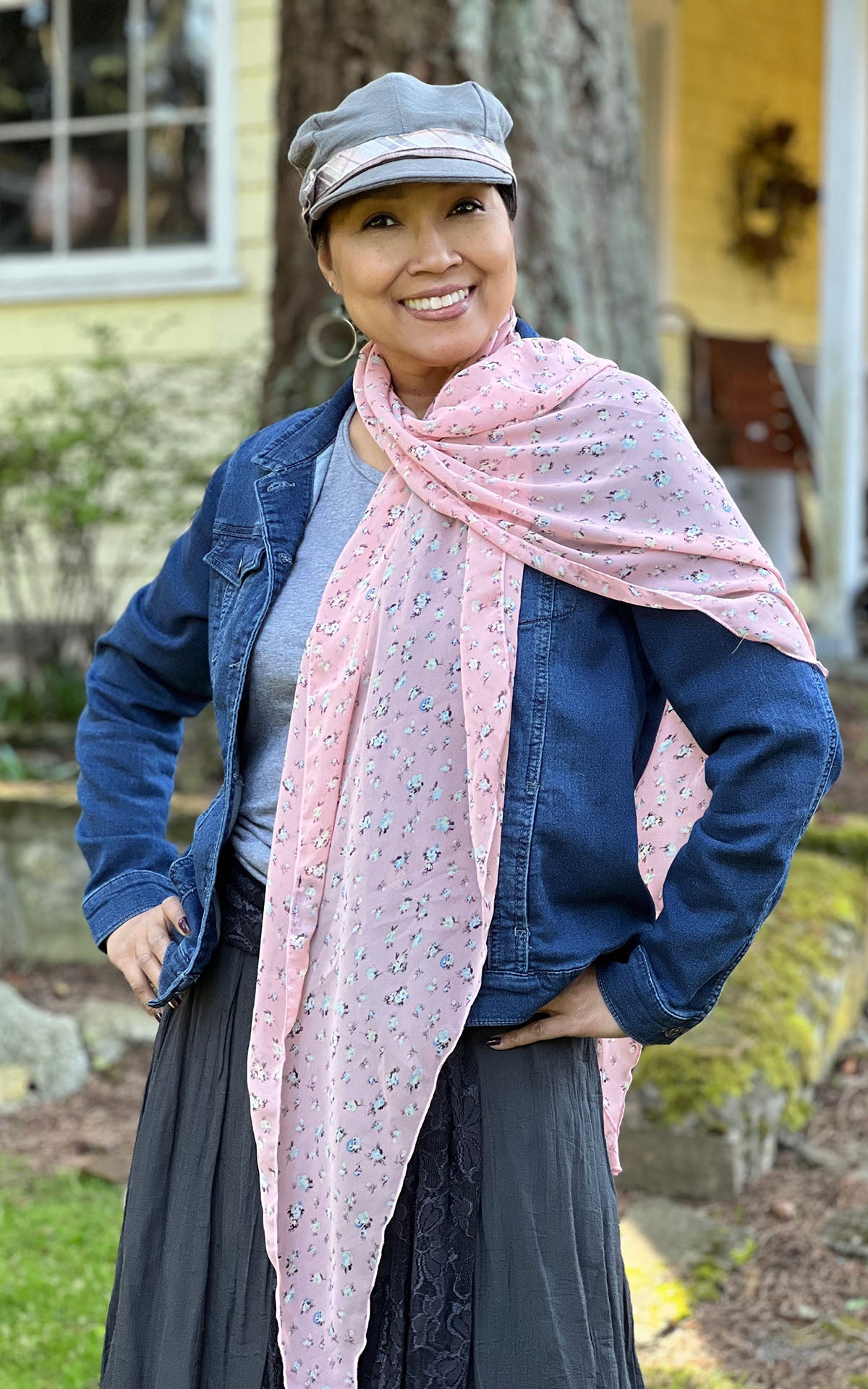 Handkerchief Scarf in Rosie Posie Pink Chiffon Handmade by Pandemonium Millinery in USA