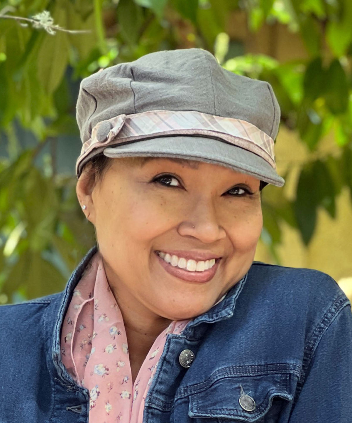 Valerie Cap in Gray Linen with Plaid Dupioni Silk Band in Pink | Handmade by Pandemonium Millinery