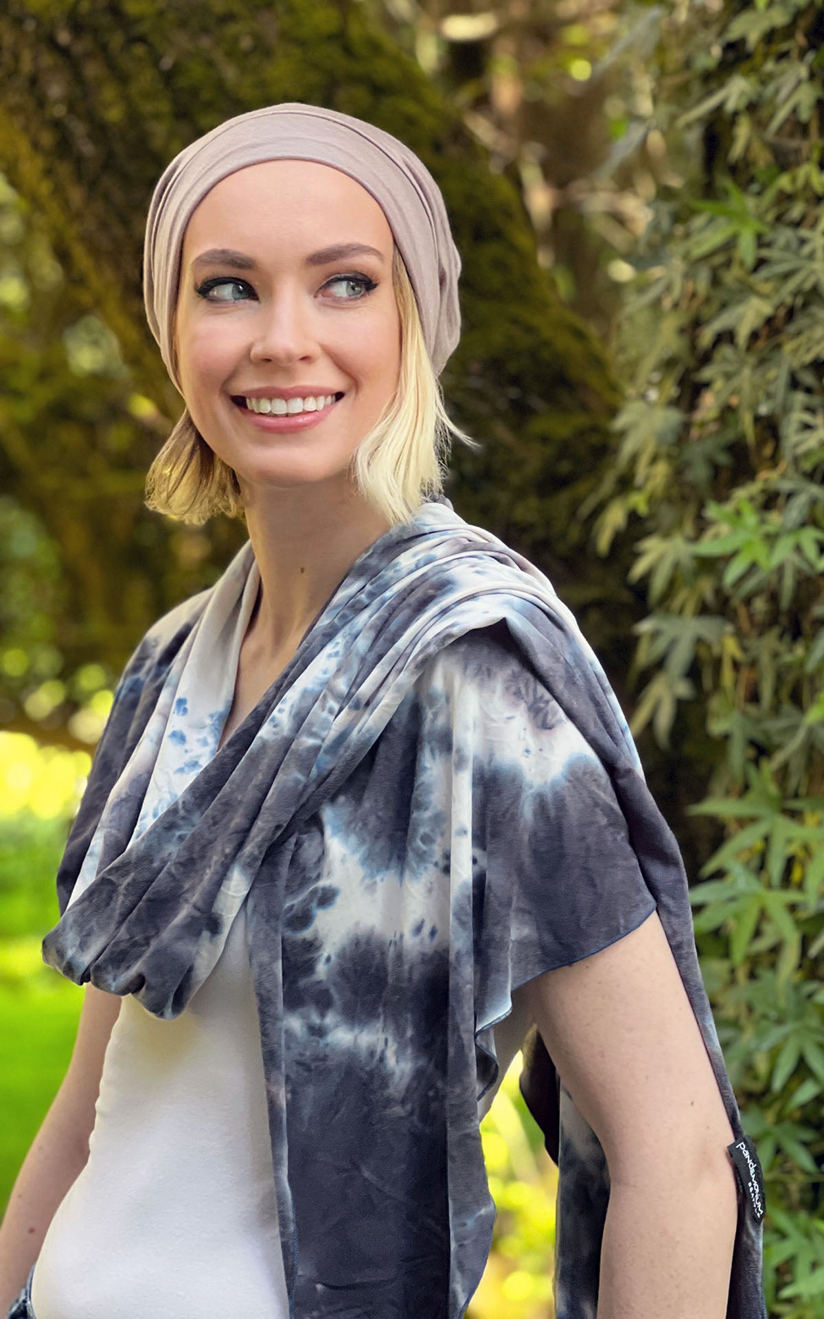 Model wearing Handkerchief Scarf shown in Sky High Tie Dye Jersey knit and a Stardust Jersey knit Rowdie hat by Pandemonium Seattle. Handmade in Seattle WA USA.