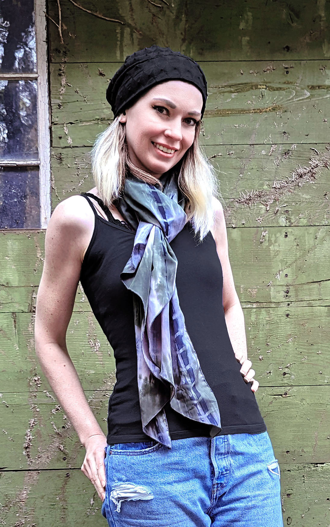 Model wearing Handkerchief Scarf in Sencha Green, with Rowdie in Fractal Black. LYC by Pandemonium is handmade in Seattle, WA, USA.
