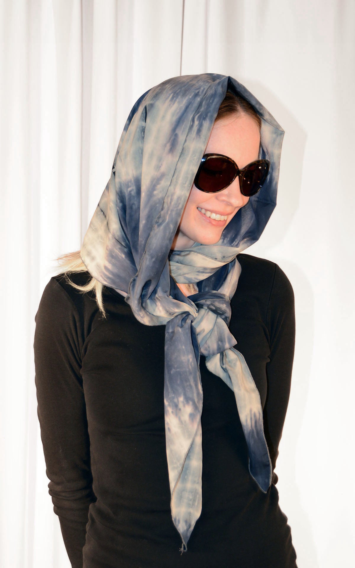 Model wearing Handkerchief Scarf in Blue Tea, with sunglasses. LYC by Pandemonium is handmade in Seattle, WA, USA.