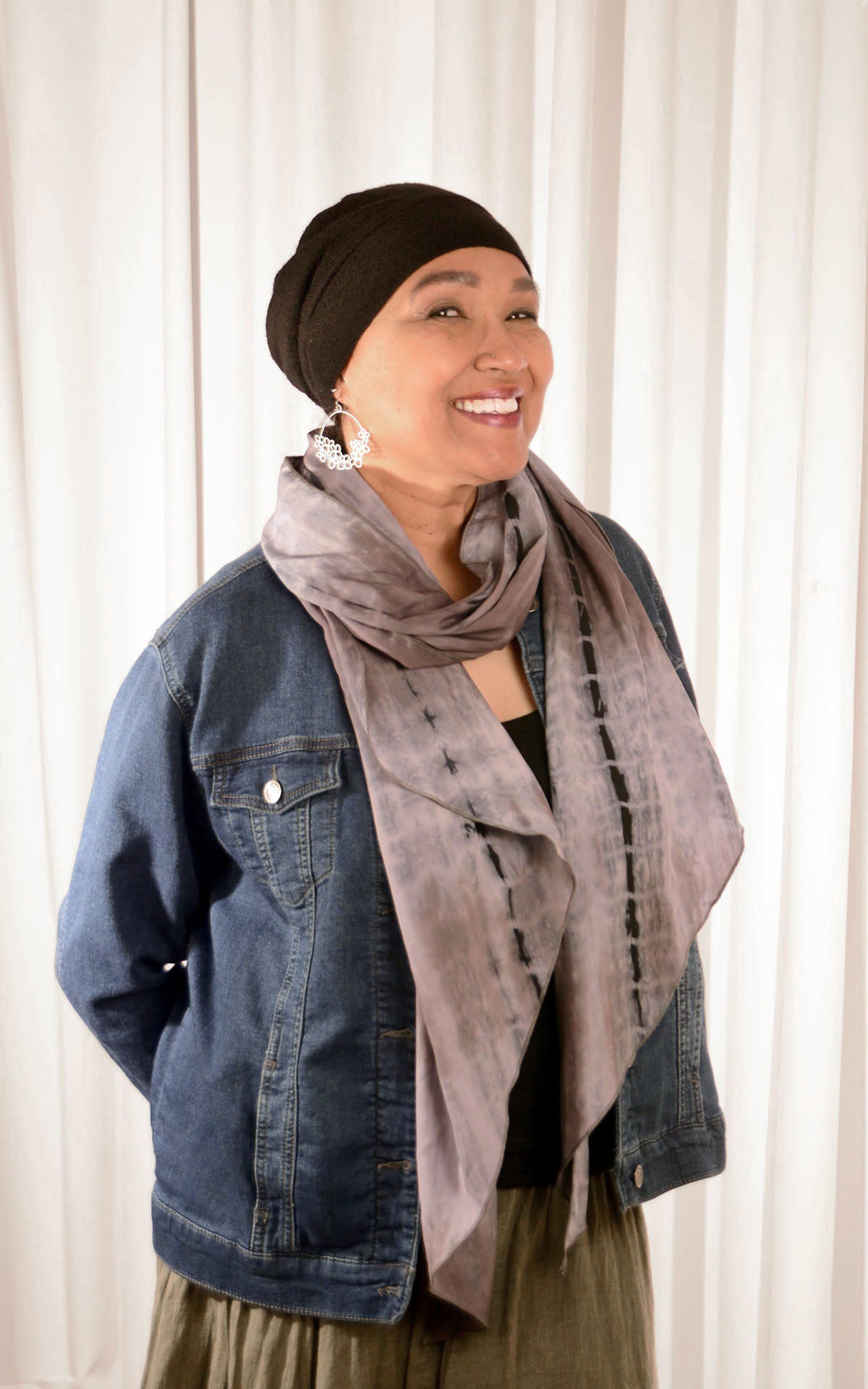 Model wearing Handkerchief Scarf in Sencha Green, with Cardigan in Fractal Black. LYC by Pandemonium is handmade in Seattle, WA, USA.