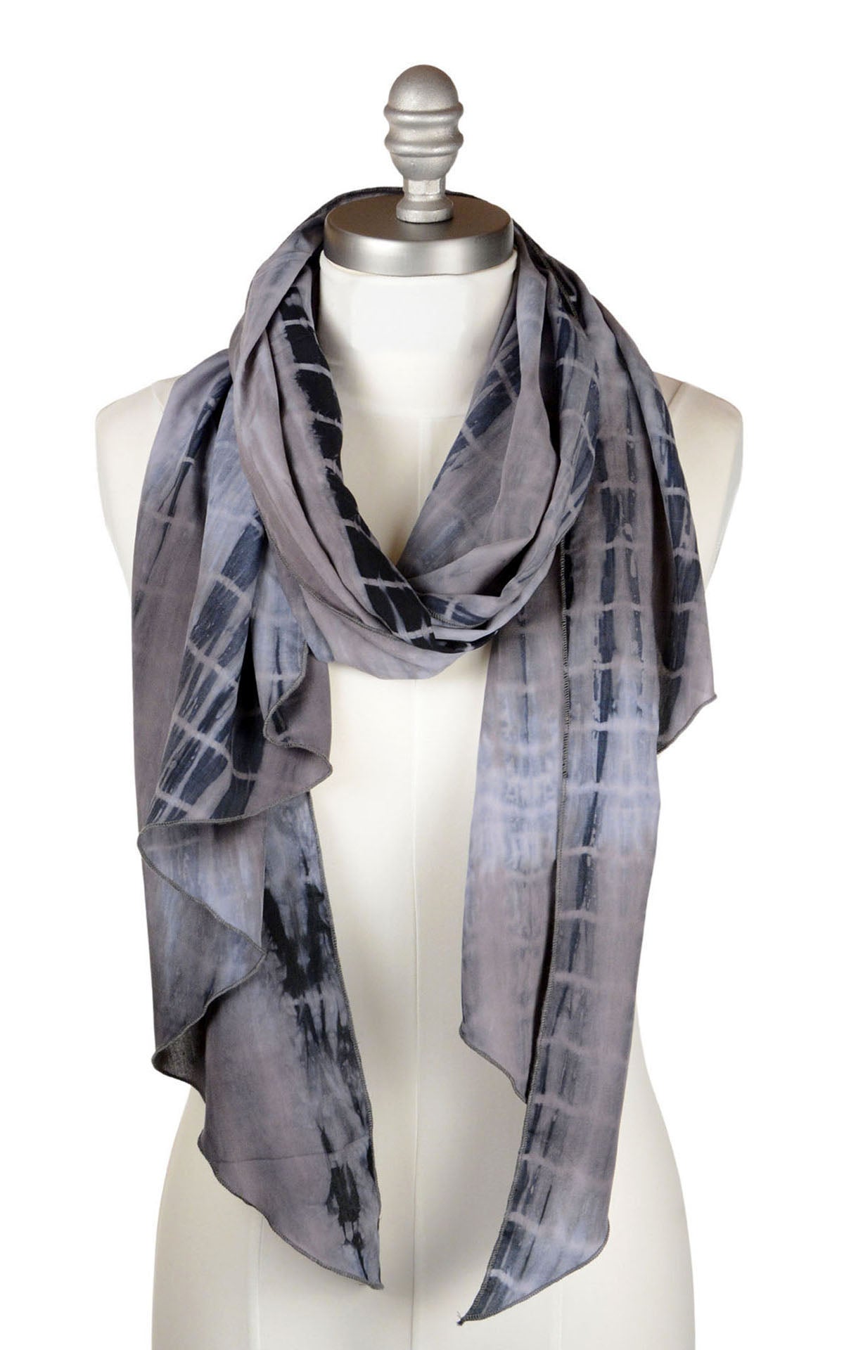 Handkerchief Scarf in Earl Grey, part of the Tea Time 2 Collection, shown loosely wrapped around product model. LYC by Pandemonium is handmade in Seattle, WA, USA.