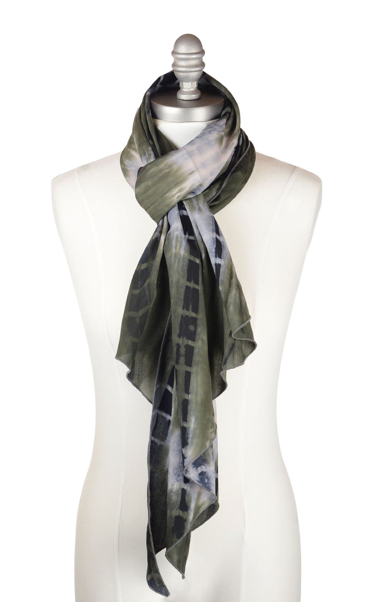 Handkerchief Scarf in Sencha Green, part of the Tea Time 2 Collection, shown tied around product model. LYC by Pandemonium is handmade in Seattle, WA, USA.