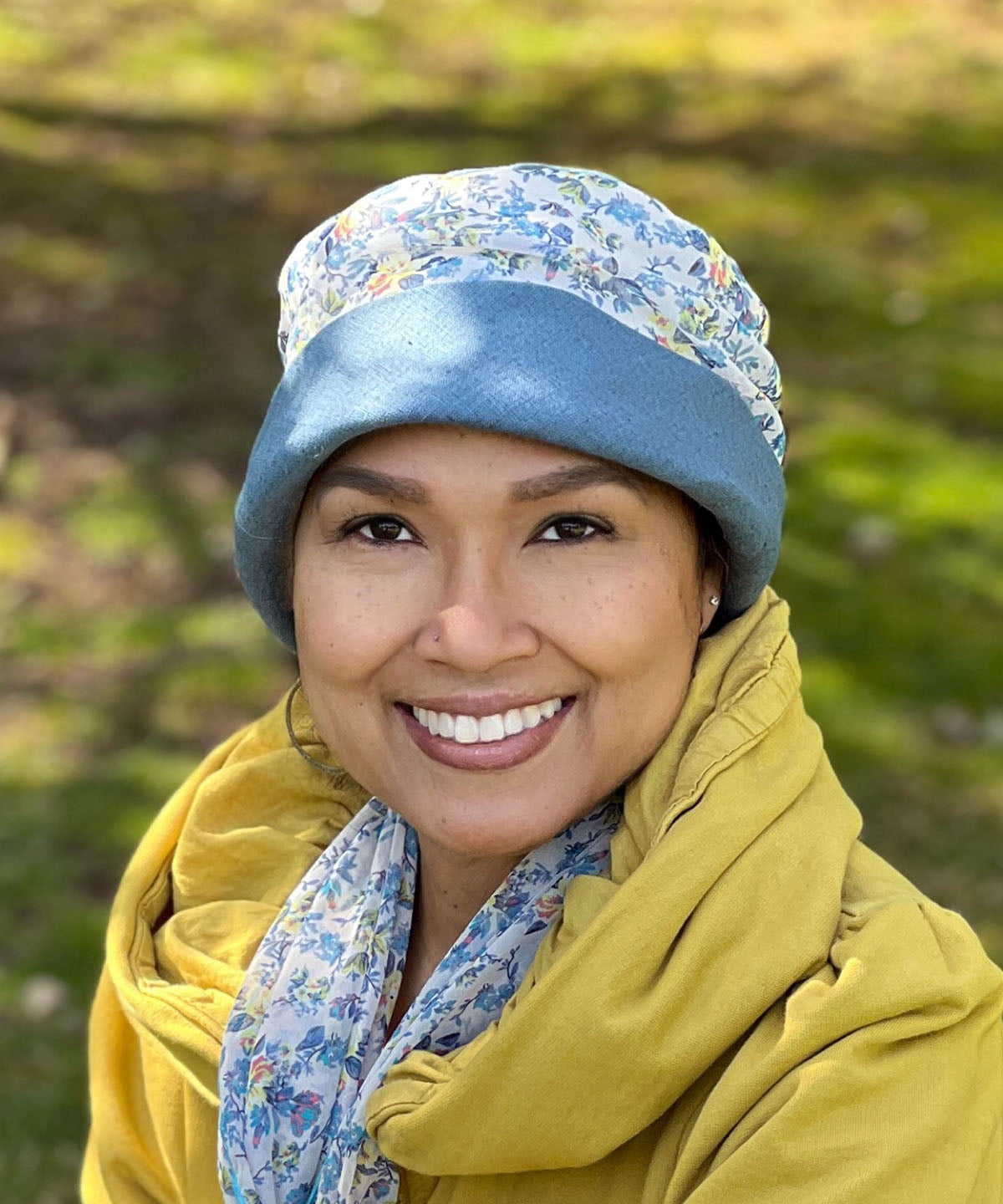 Ana Cloche Hat in Dusty Blue with Ruched Floral Chiffon Handmade by Pandemonium Millinery