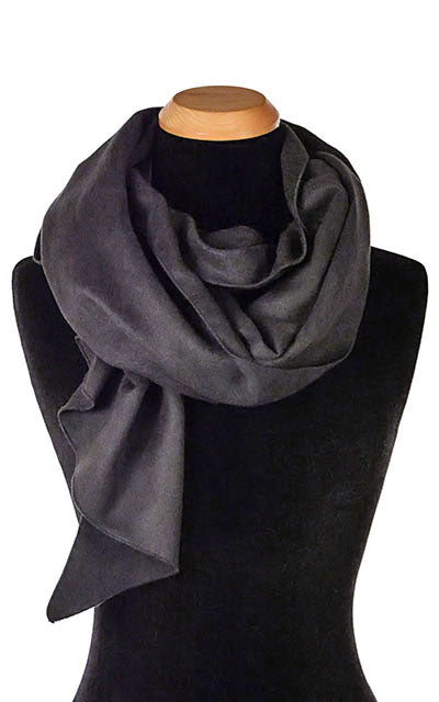 Women’s Large Handkerchief Scarf, Wrap on Mannequin | Lightweight Faux Suede in Black| Handmade in Seattle WA | Pandemonium Millinery