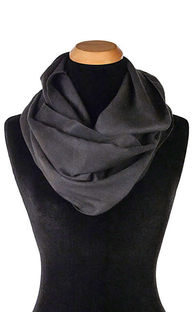Women’s Large Handkerchief Scarf, Wrap on Mannequin wrapped around twice | Lightweight Faux Suede in Black | Handmade in Seattle WA | Pandemonium Millinery