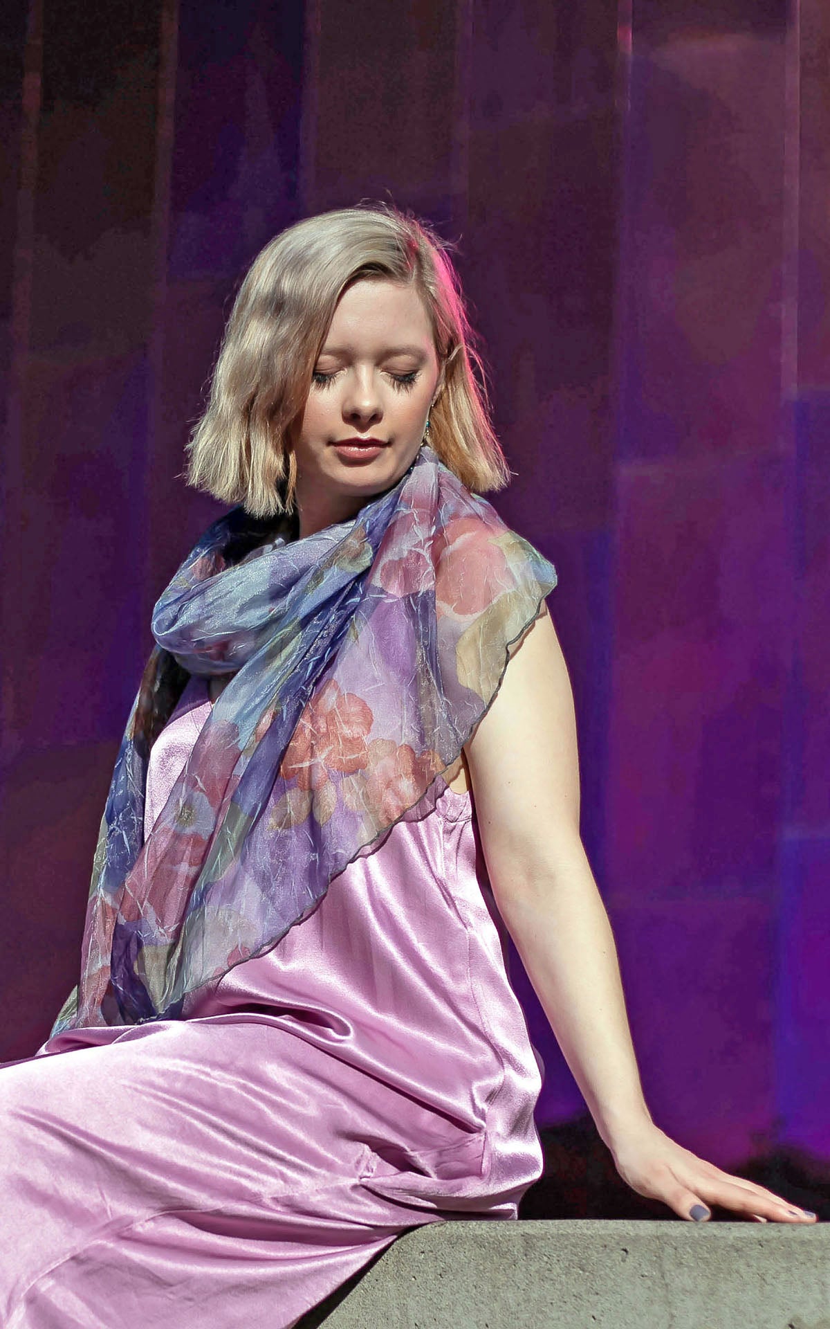 model wearing a Coastal Garden in Sea Lavender Handkerchief Scarf handmade in the USA by Pandemonium Seattle