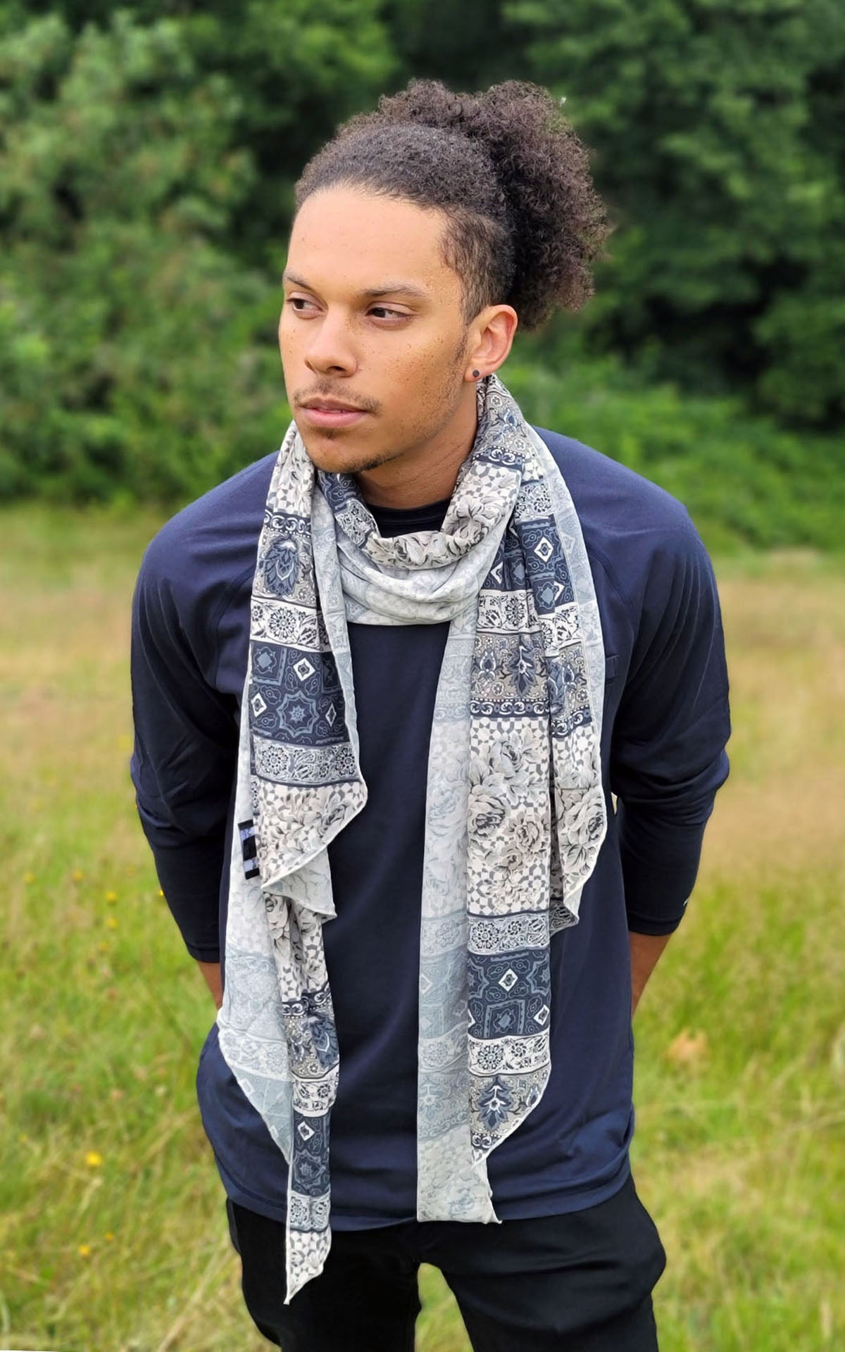 Man modeling handkerchief scarf in English Tea handmade by Pandemonium Seattle