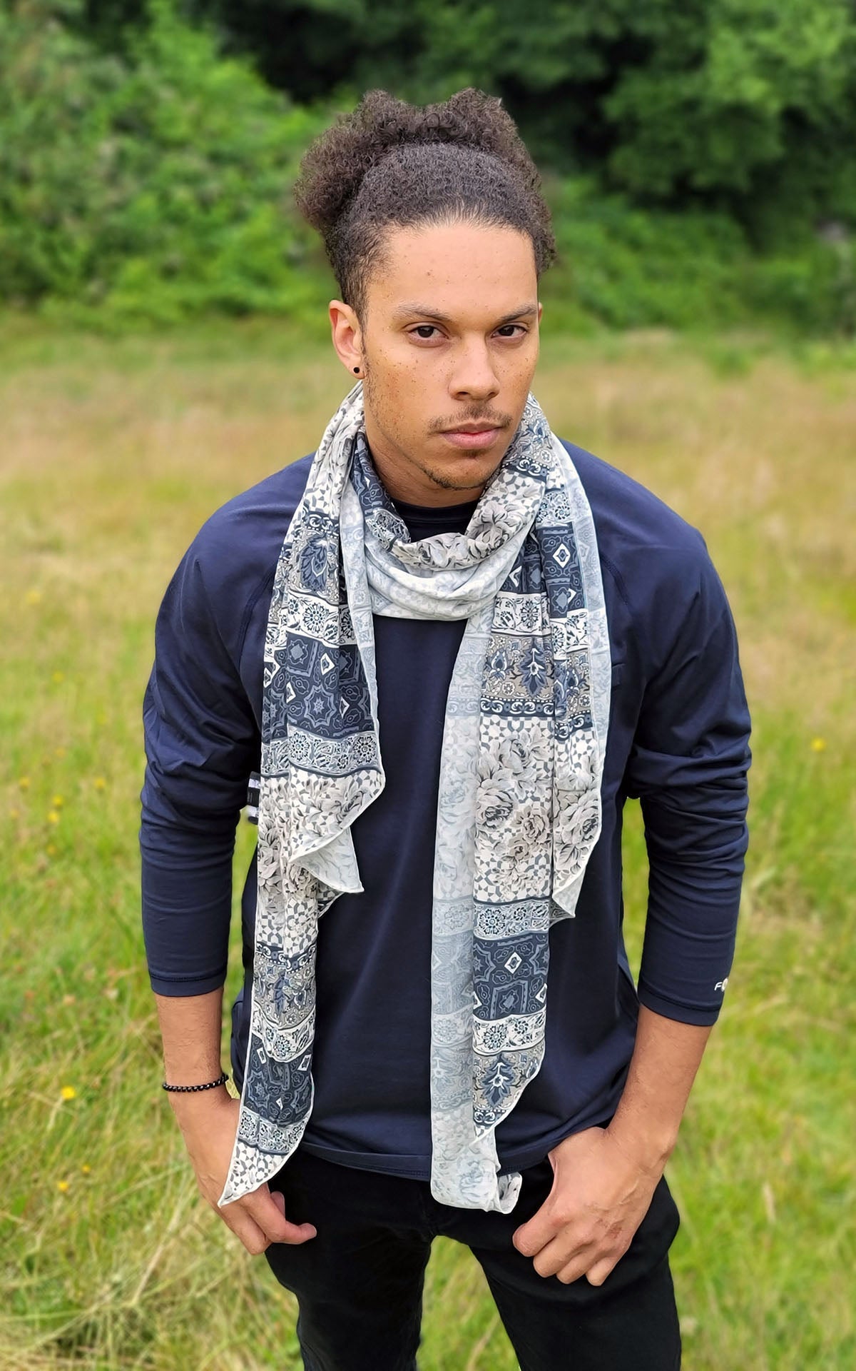 Man wearing handkerchief scarf in English Tea handmade by Pandemonium Seattle