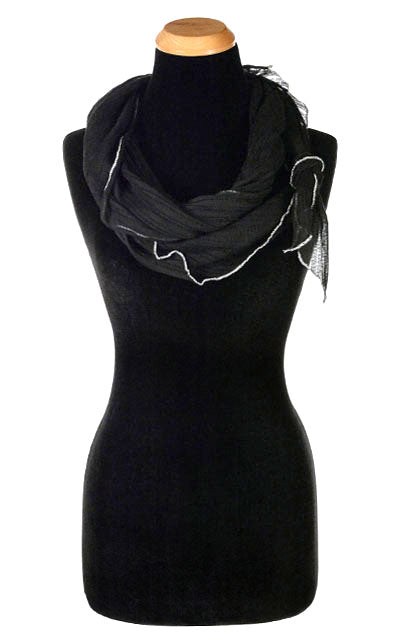 Women’s Large Handkerchief Scarf, Wrap on Mannequin shown wrapped twice  | Cotton Voile, Black with Contrast  White Stitching| Handmade in Seattle WA | Pandemonium Millinery