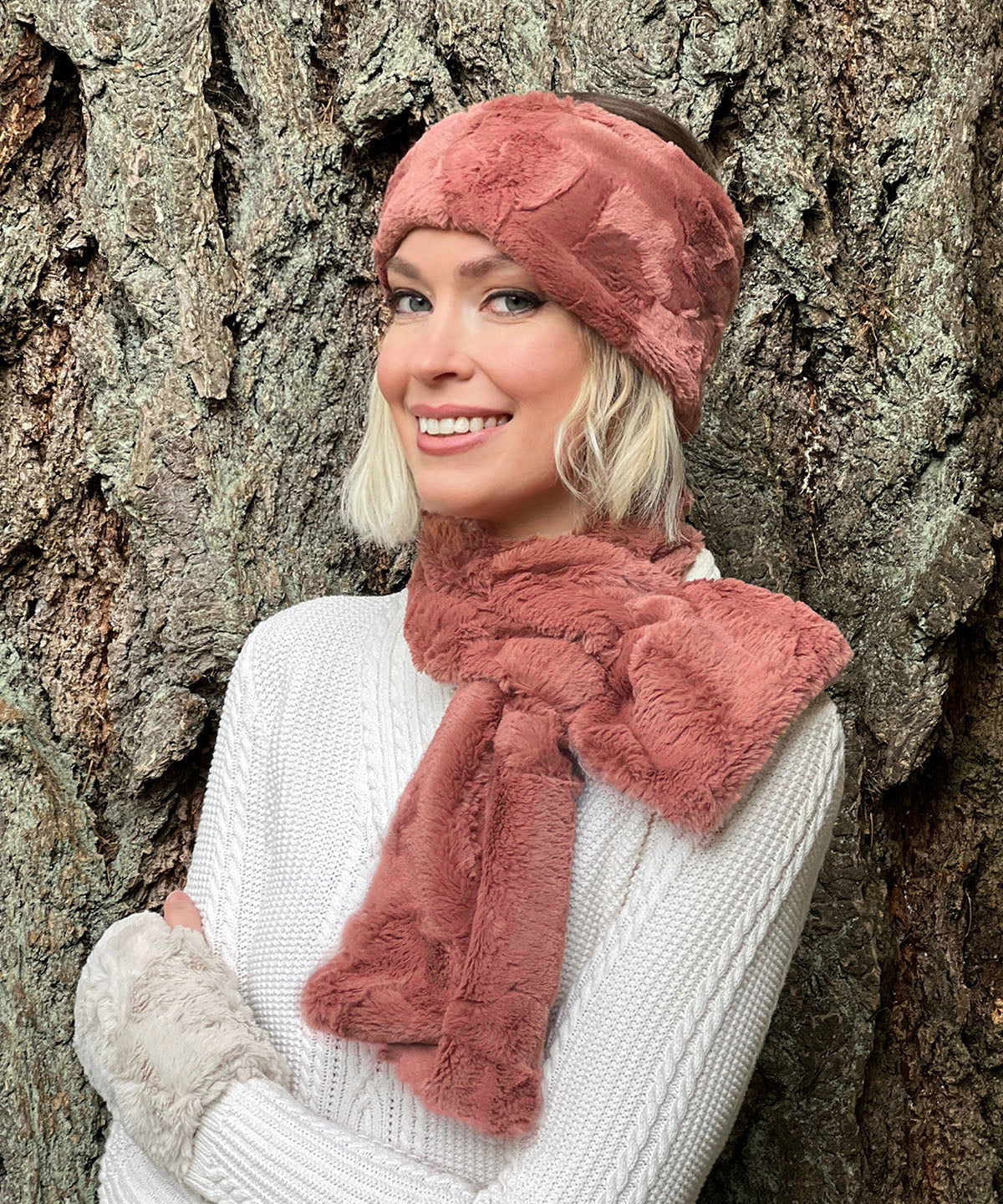 Woman wearing Headband with Pull Through Scarf Cuddly Faux Fur in Copper River Handmade in Seattle WA USA by Pandemonium Millinery