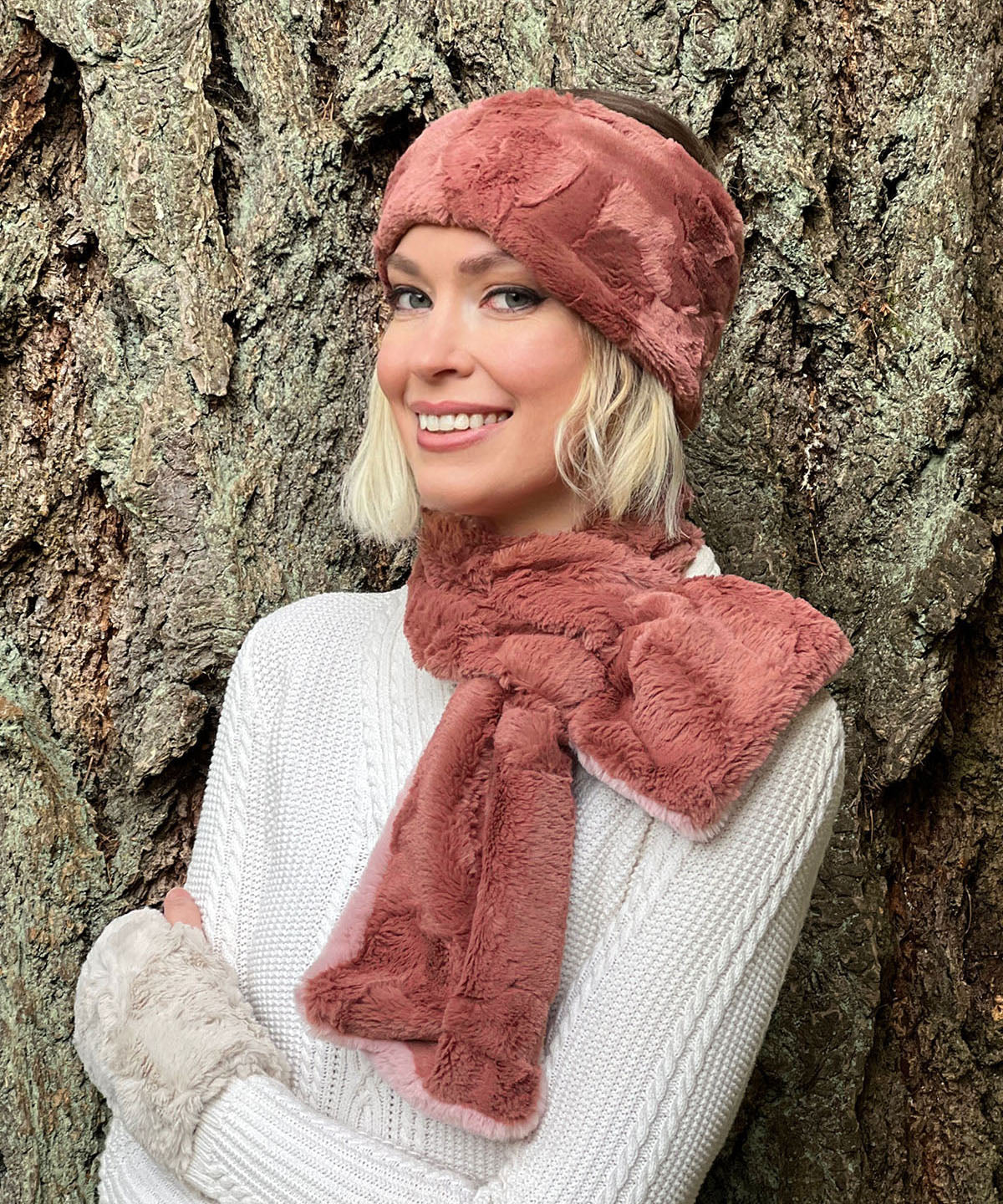 Pull-Thru Scarf on Woman | Frosted Cedar and Copper River Faux Fur | Handmade USA by Pandemonium Seattle