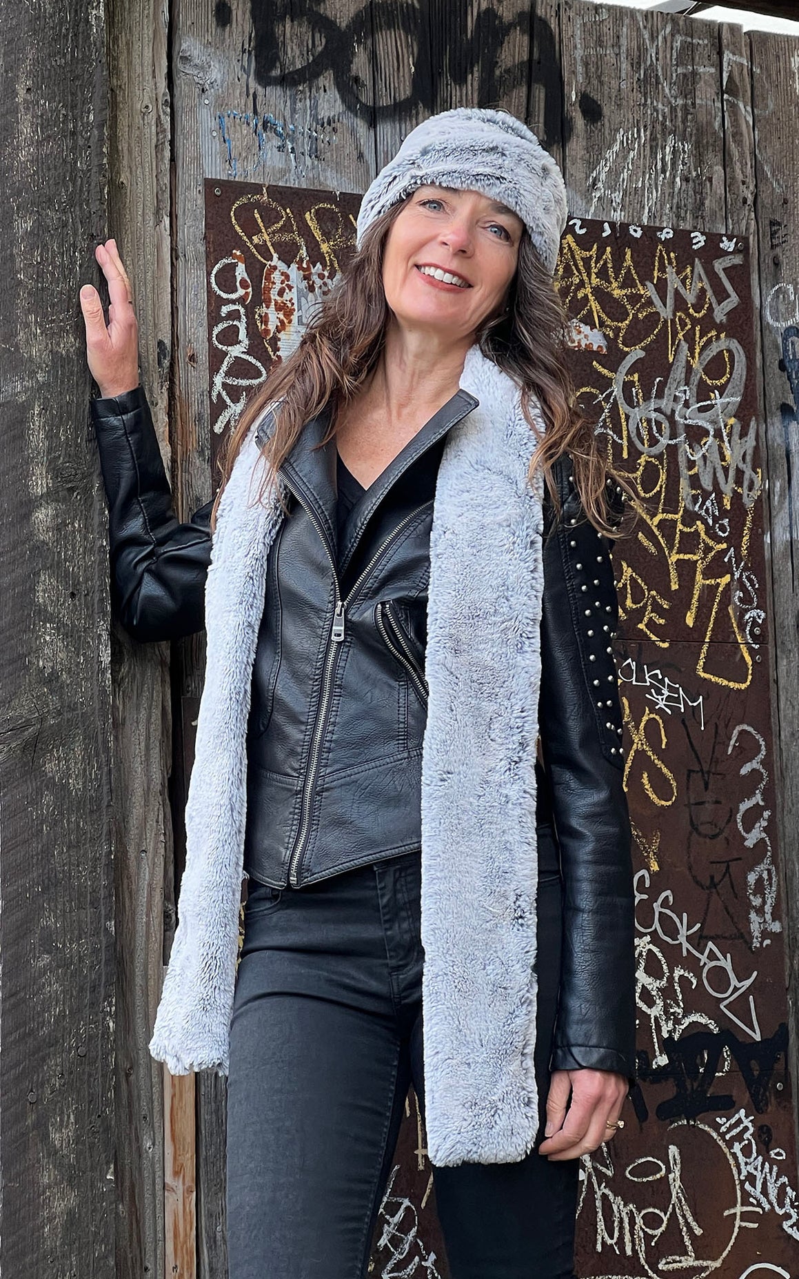Model wearing Classic Skinny Scarf with Headband | Frosted Juniper Faux Fur | Handmade USA by Pandemonium Seattle