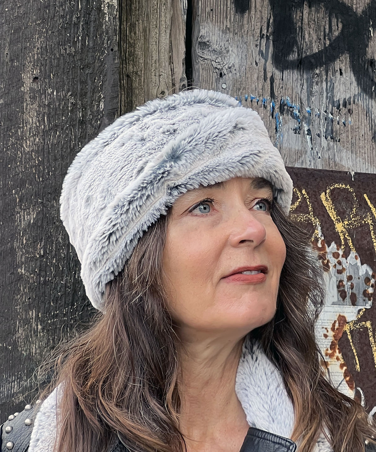 Headband with Twist on Model | Frosted Juniper Faux Fur | Handmade in Seattle, WA USA by Pandemonium Millinery