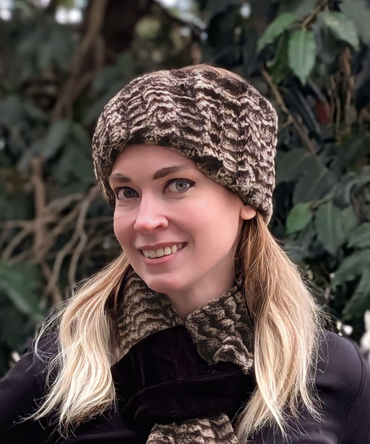 Women wearing Headband in Luxury Faux Fur 8MM in Sepia Handmade in Seattle WA USA