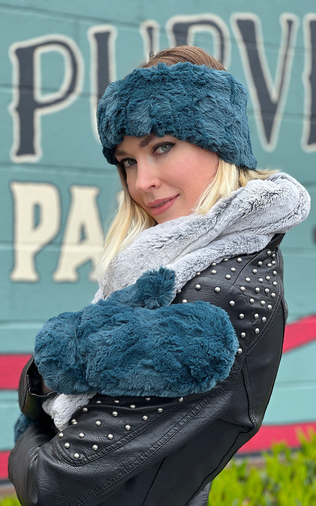 Woman wearing Mitten and Headband on in Peacock Pond Luxury Faux Fur Handmade by Pandemonium Seattle