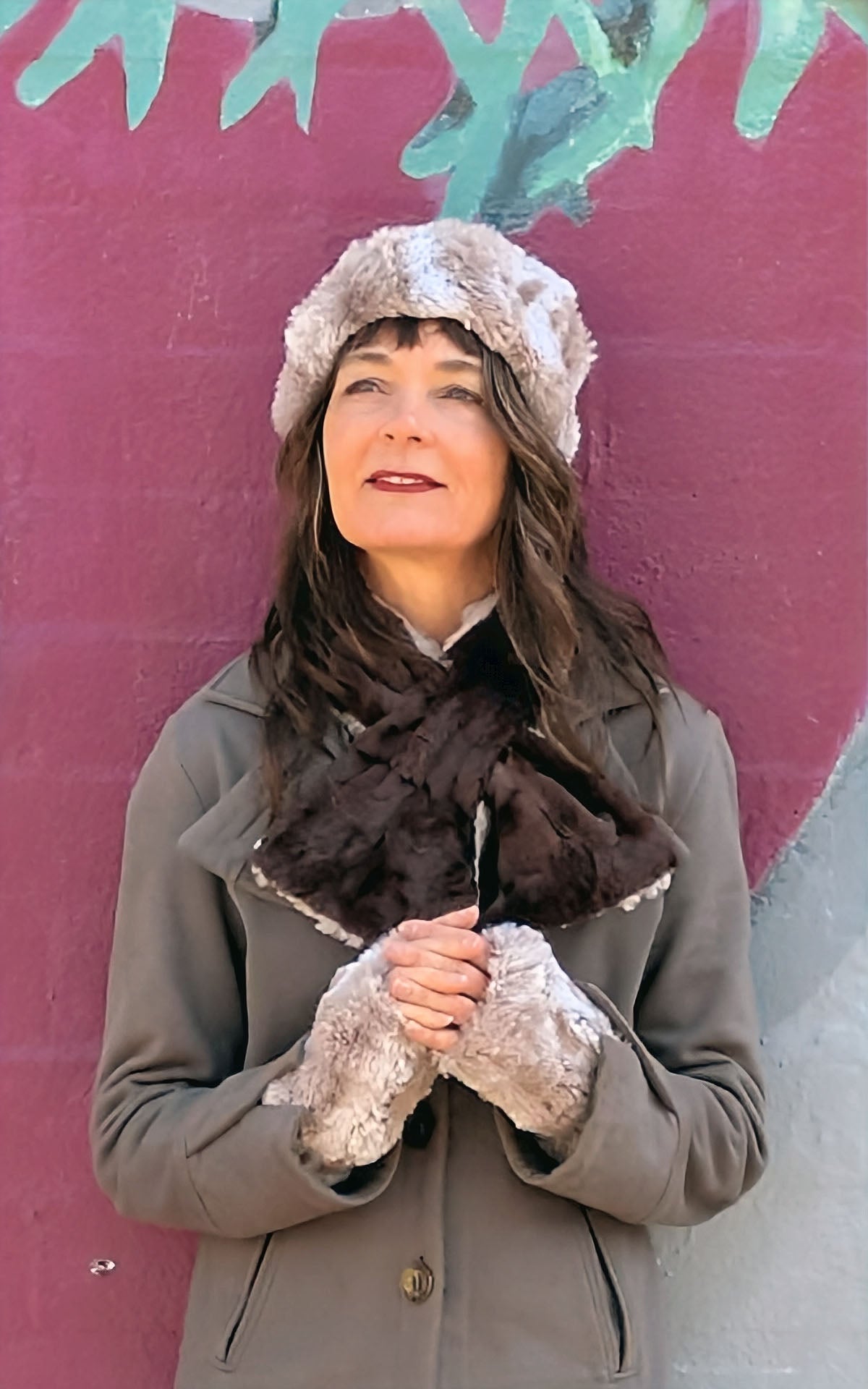 Model Wearing a Pull thru Scarf | Cirrus Honey with Cuddly Chocolate Faux Fur, Reversed | Featuring Headband and Fingerless Glove in Honey Cloudwalk | Handmade in Seattle WA  USA | By Pandemonium Seattle 