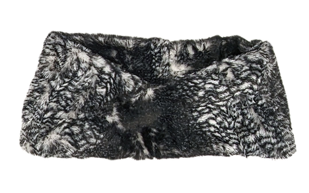 Product shot of  headband /  neck warmer in black mamba faux fur handmade in seattle wa usa by Pandemonium Millinery
