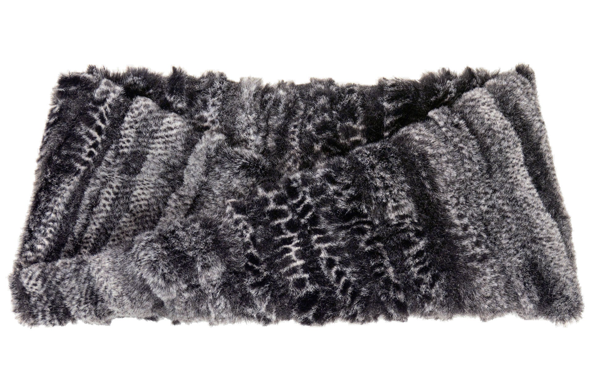 Product shot of Headband, Ear and Neck Warmer | Rattle ‘n’ Shake, Black and Gray Faux Fur | Handmade by Pandemonium Millinery Seattle, WA USA