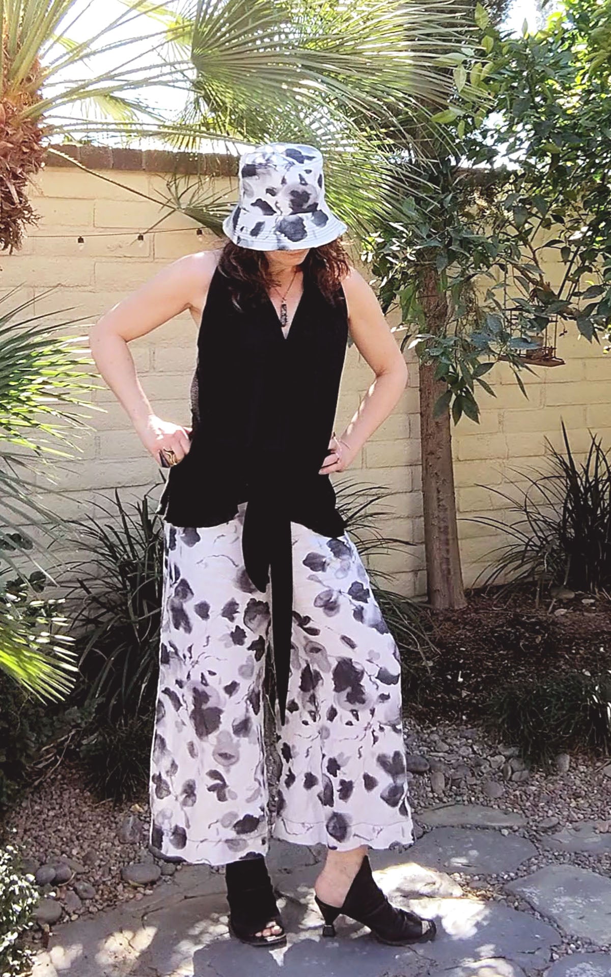 Gaucho Pants Model Shot | Linen in Black White Floral | Handmade in Seattle WA USA | Leigh Young Collection