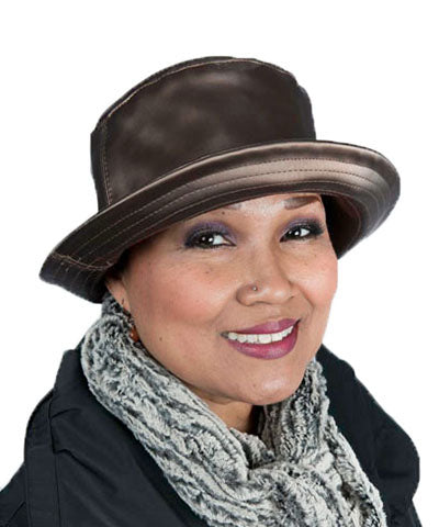 Hollie Rain Hat on model | Alloy in Cocoa Vinyl | Handmade Seattle, WA USA by Pandemonium Millinery
