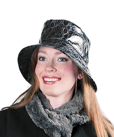 Hollie Rain Hat on model | Crockadilly Black Vinyl | Handmade Seattle, WA USA by Pandemonium Millinery