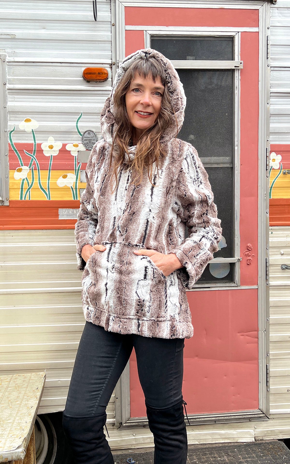 Model wearing Hooded Lounger - Luxury Faux Fur in Birch handmade in Seattle WA by Pandemonium Millinery.