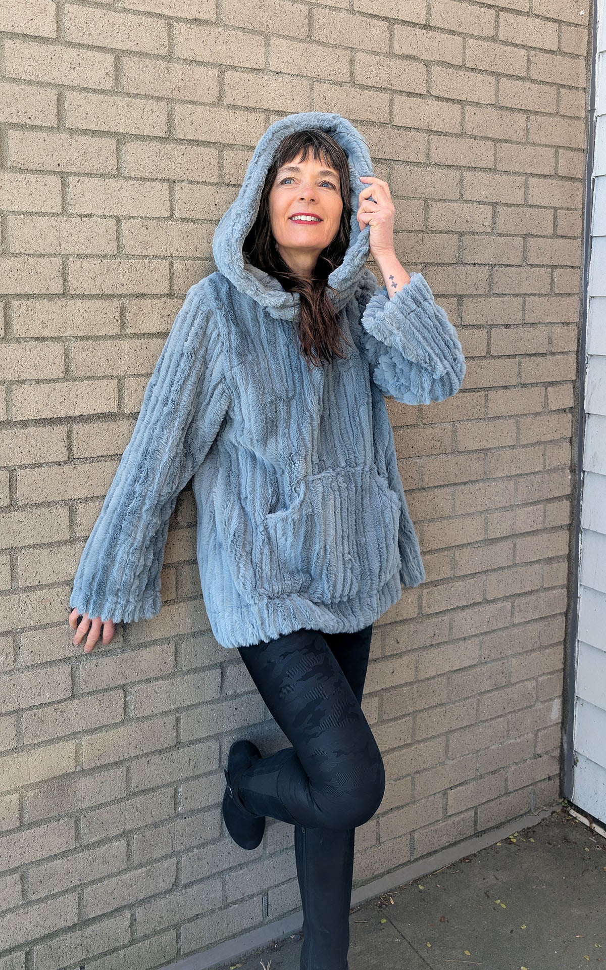 Model wearing Hooded Lounger | Cirrus Faux Fur in Blue Mist | Hood Up View | Handmade in Seattle WA USA | By Pandemonium MIllinery