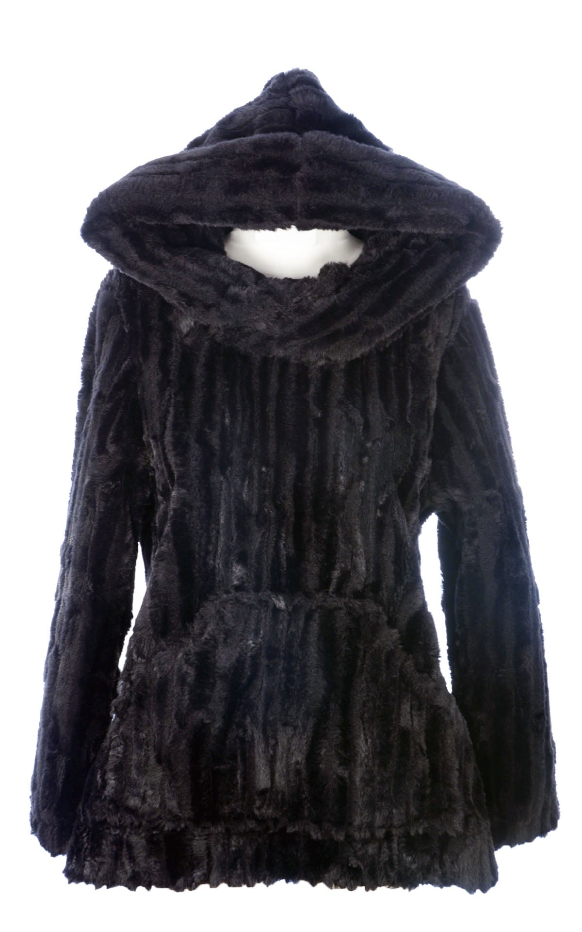 Hooded Lounger | Cirrus Faux Fur in Shadow | Shown with Hood Up | Handmade by Pandemonium | Seattle WA USA