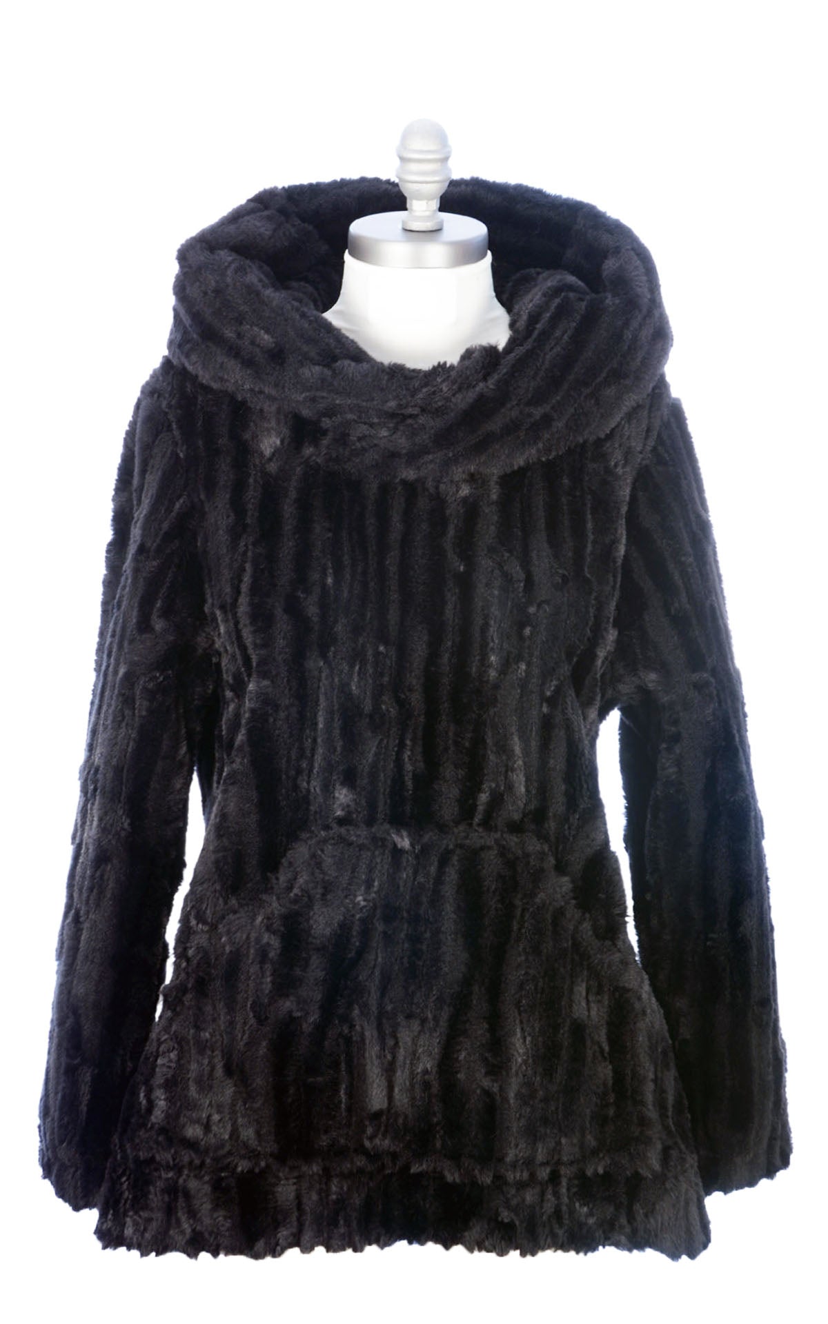 Hooded Lounger | Cirrus Faux Fur in Shadow | Shown with Hood Down | Handmade by Pandemonium | Seattle WA USA