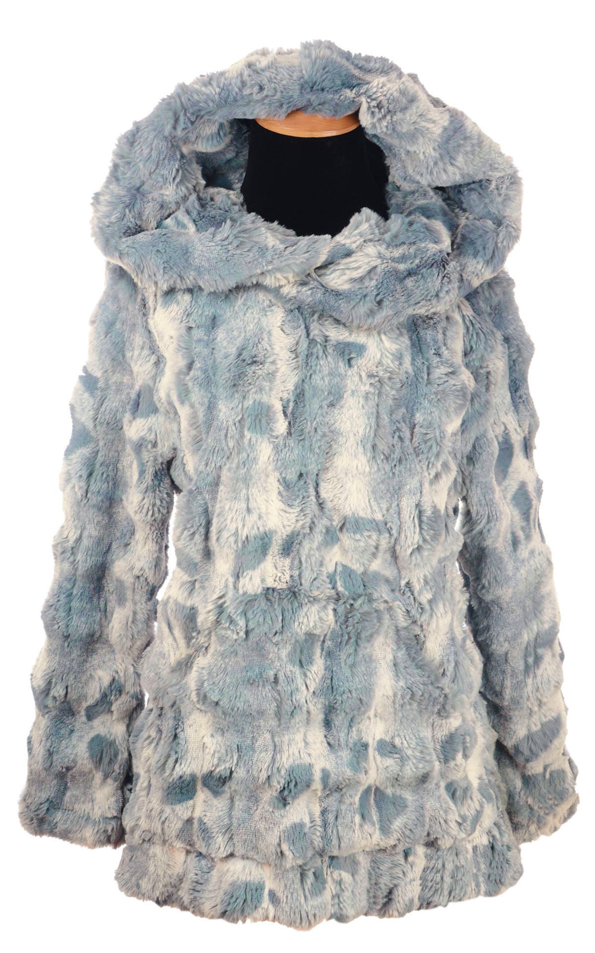 Hooded Lounger | Cloudwalk Faux Fur in Blue Mist | Shown with Hood Up | Handmade by Pandemonium | Seattle WA USA