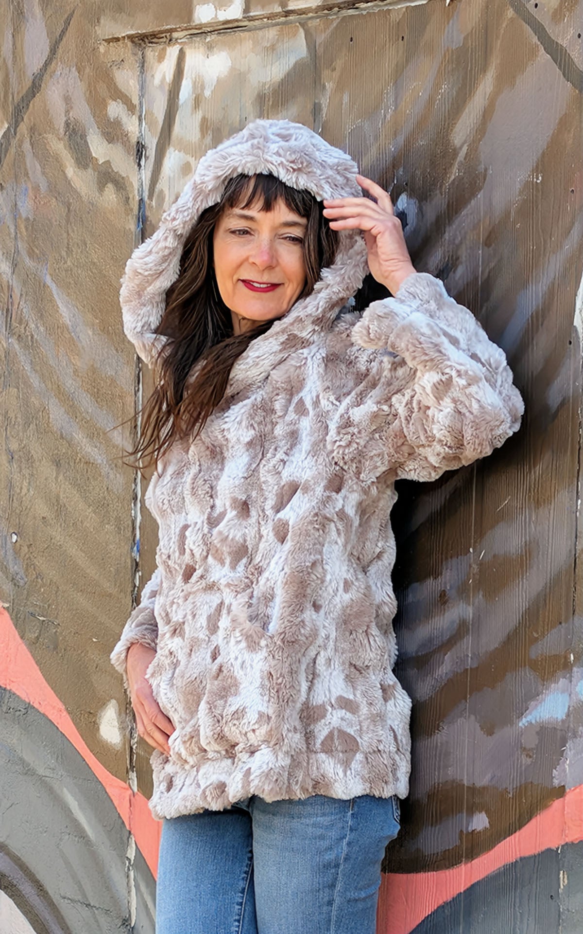 Model wearing Hooded Lounger | Cloudwalk in Honey Faux Fur | Hood Up View |Handmade in Seattle WA | Pandemonium Millinery