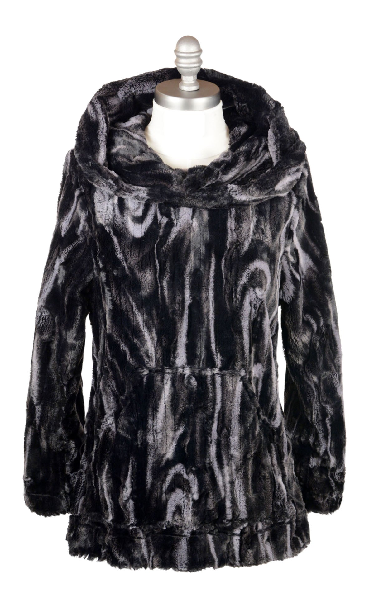 Hooded Lounger |   Shown in Marble Dune in Black Faux Fur with Hood down | Handmade by Pandemonium | Seattle, WA USA