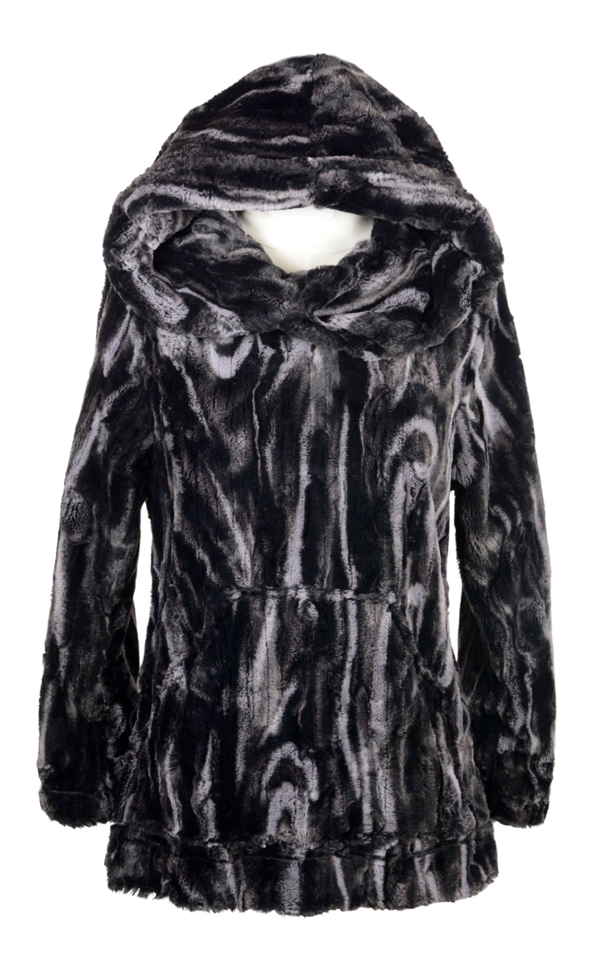 Hooded Lounger with hood up in Black Marble Dune Faux Fur handmade in Seattle, WA USA by Pandemonium Millinery