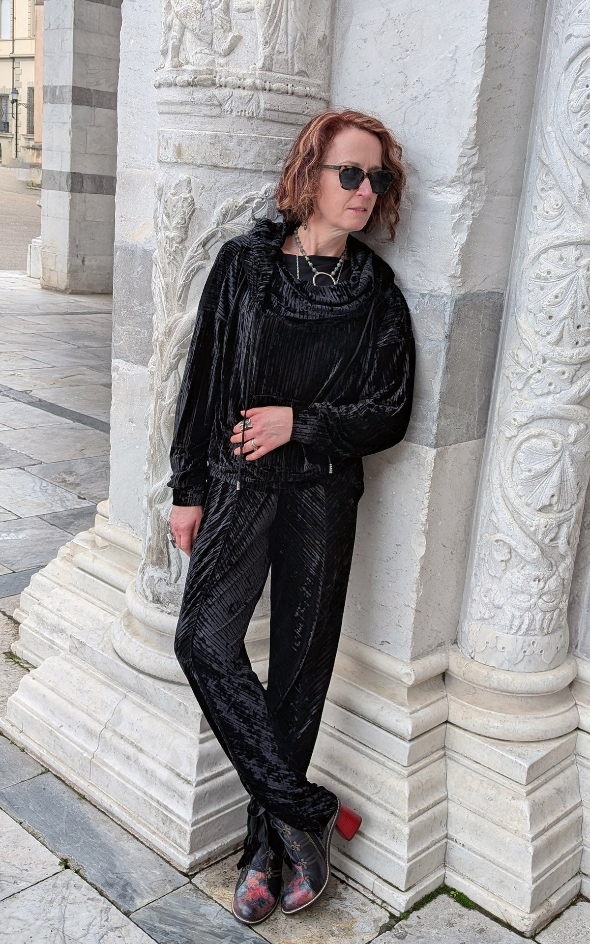 Woman wearing Hooded Sweatshirt in Night Owl Pleated Velvet handmade in USA by Pandemonium Seattle
