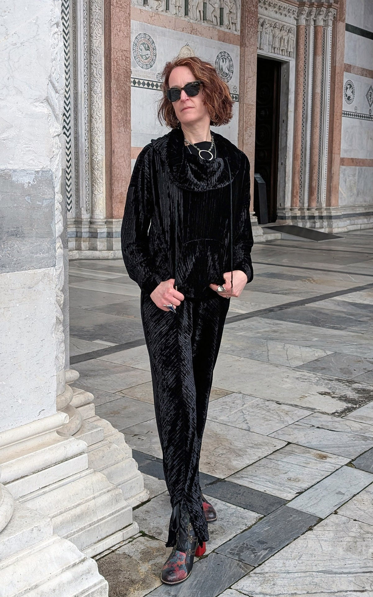 Woman wearing Slice of Life pants and Sweatshirt in Night Owl Pleated Velvet handmade in USA by Pandemonium Seattle