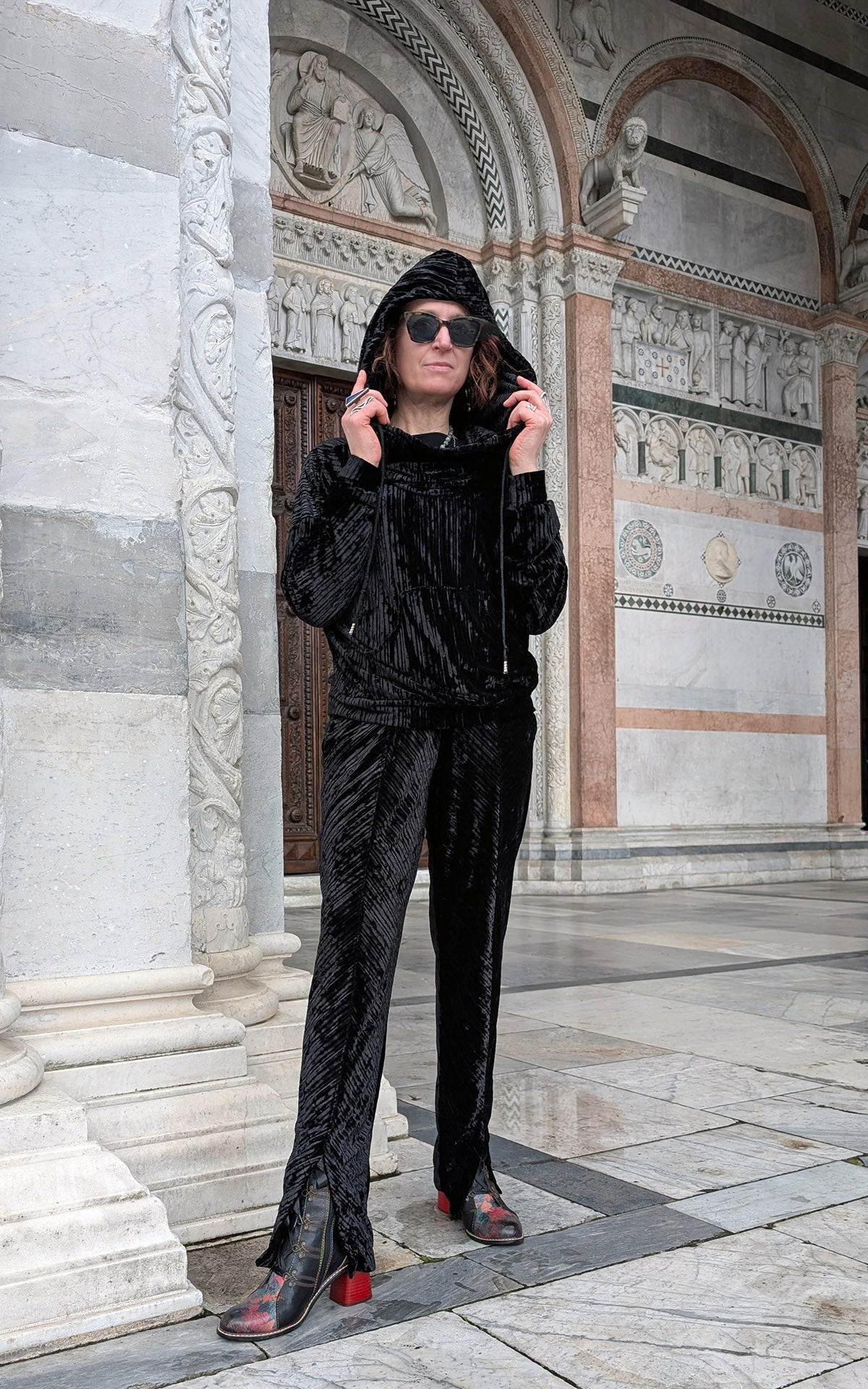 Woman wearing Slice of Life pants in Night Owl Pleated Velvet handmade in USA by Pandemonium Seattle