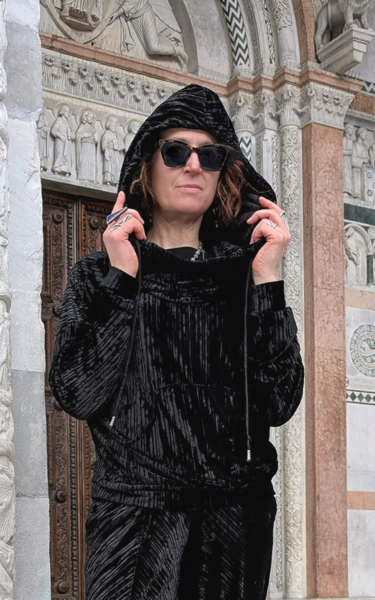 Close up of Woman wearing Slice of Life Hooded Sweatshirt in night owl Pleated Velvet handmade in USA by Pandemonium Seattle