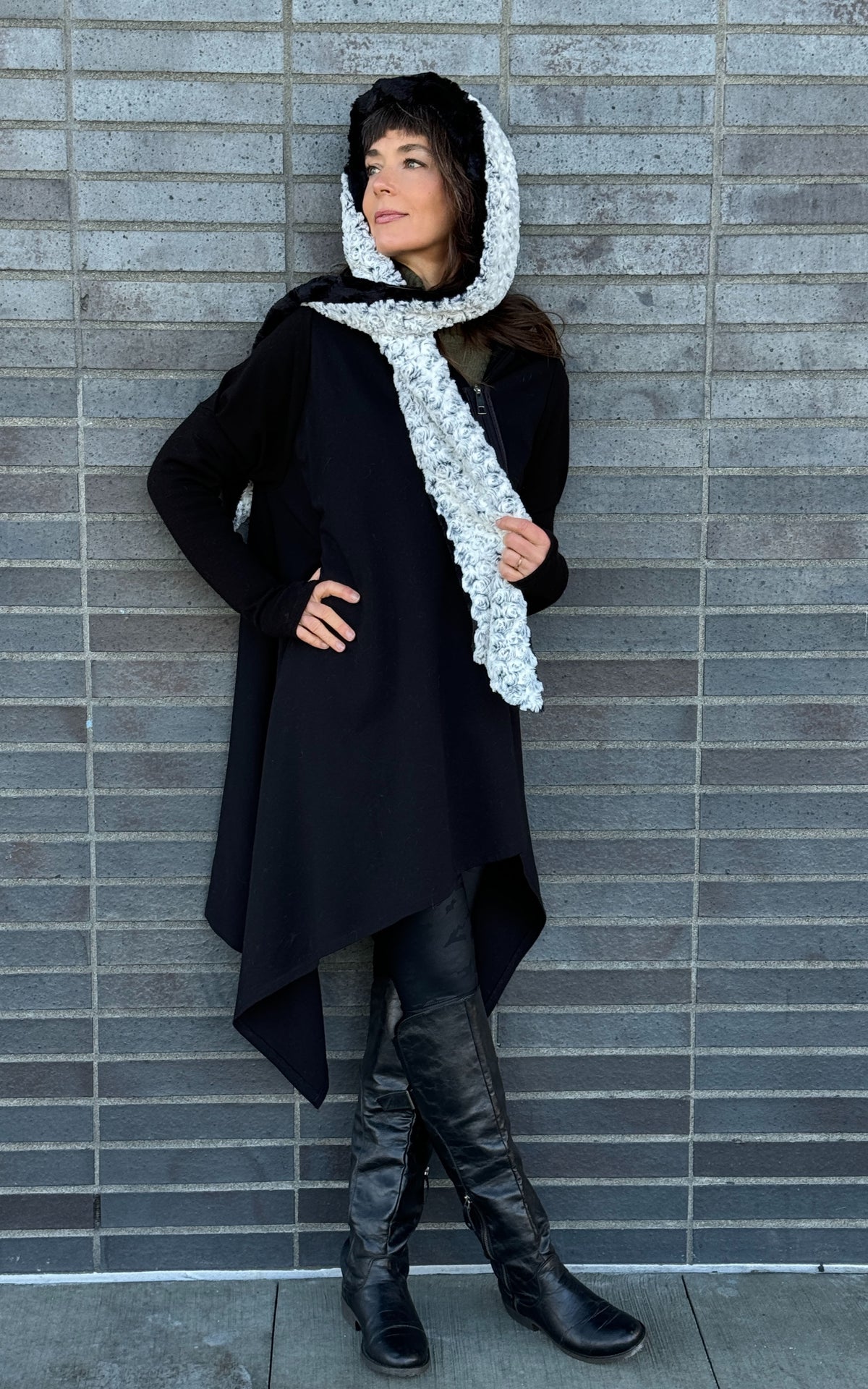 Model in Pandemonium Millinery Hoody Scarf Rosebud in Black faux fur | handmade in  Seattle Wa USA | Pandemonium Millinery