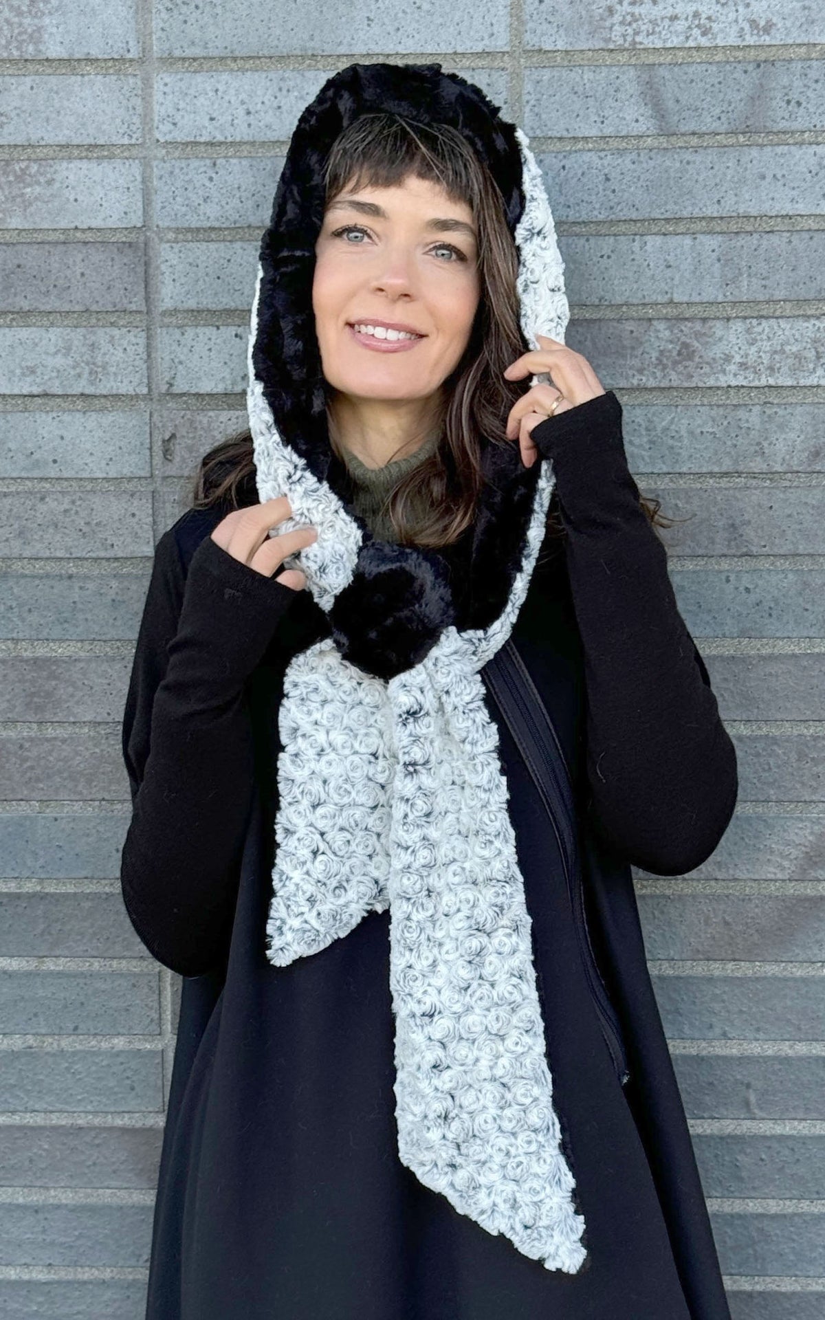 Model in Pandemonium Millinery Hoody Scarf Rosebud in Black faux fur | handmade in  Seattle Wa USA | Pandemonium Millinery