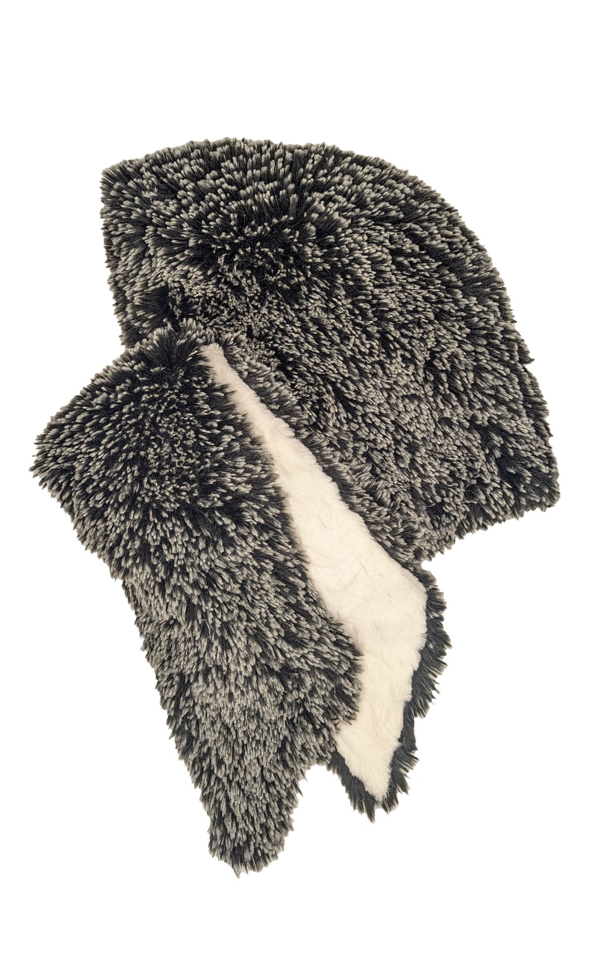 Unisex Two-Tone Hooded Scarf | Silver-tipped fox in Black reversing to with Cuddly Fur in Ivory  Faux Fur| Handmade in Seattle WA | Pandemonium Millinery