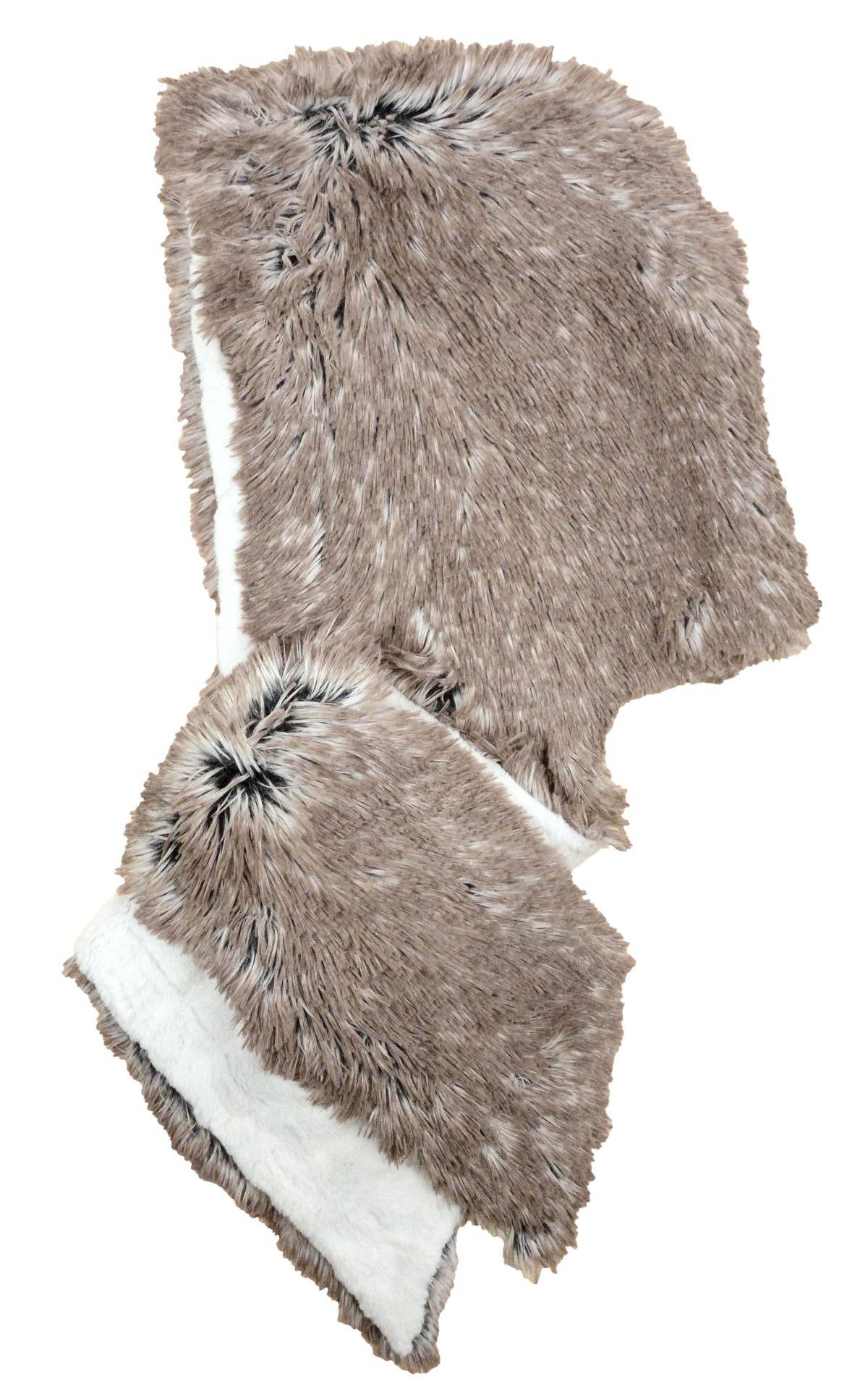 Women’s Two-Tone Hooded Scarf | Winter Frost, ivory with black speckles paired with Arctic Foz Faux Fur, shown in reverse | Handmade in Seattle WA | Pandemonium Millinery