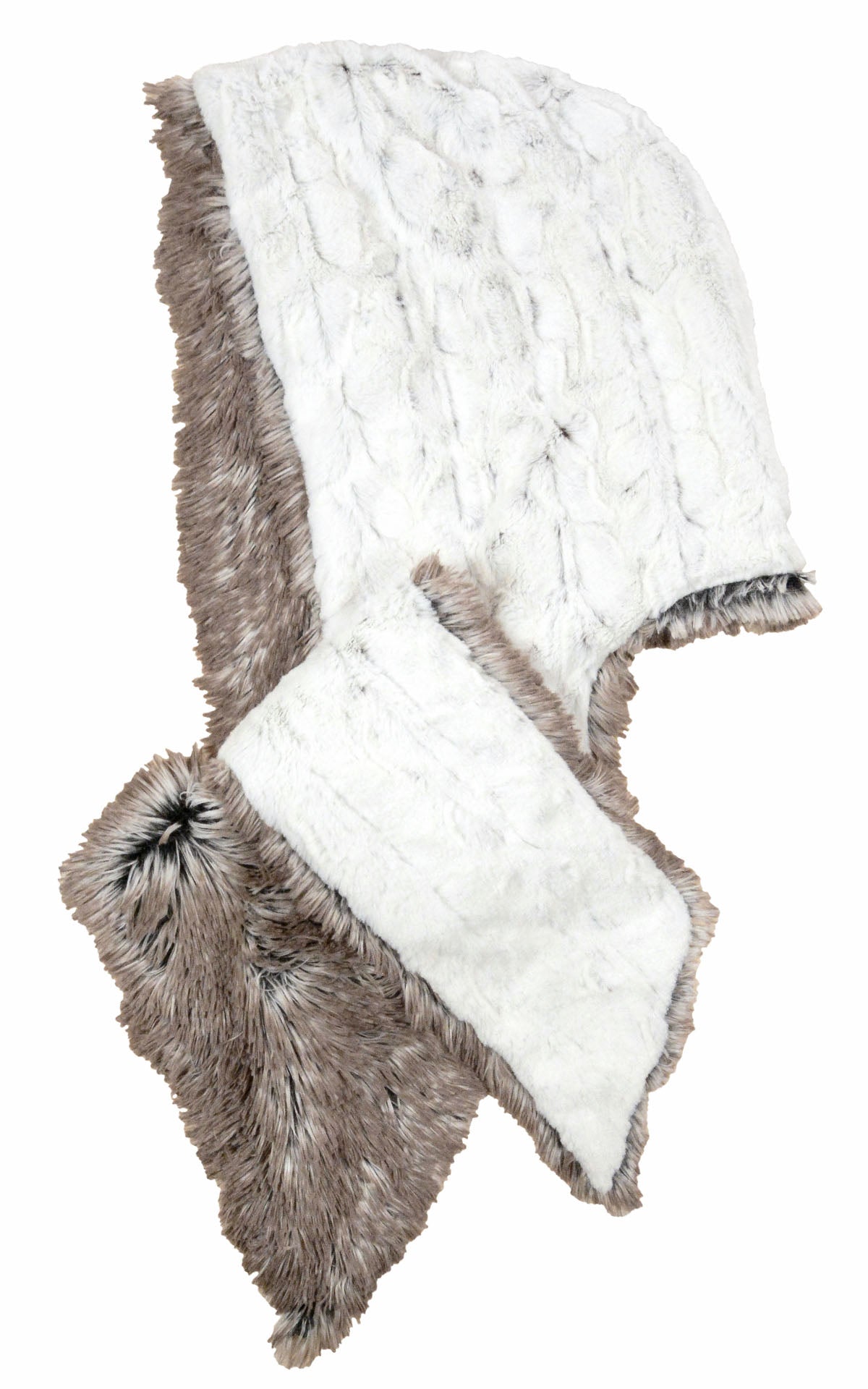 Women’s Two-Tone Hooded Scarf | Winter Frost, ivory with black speckles paired with Arctic Foz Faux Fur, shown in reverse | Handmade in Seattle WA | Pandemonium Millinery