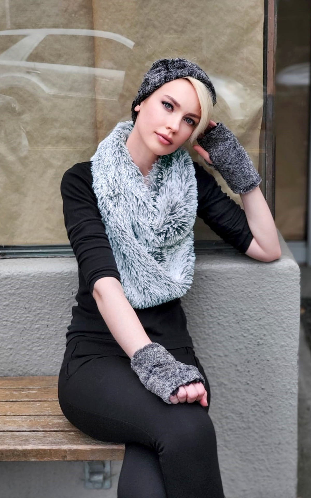 Model wearing fingerless gloves and matching headband in nimbus and a  Women’s Infinity Loop Scarf | Blue Steel Fox long Hair Faux Fur, blue and ivory | Handmade in Seattle WA | Pandemonium Millinery