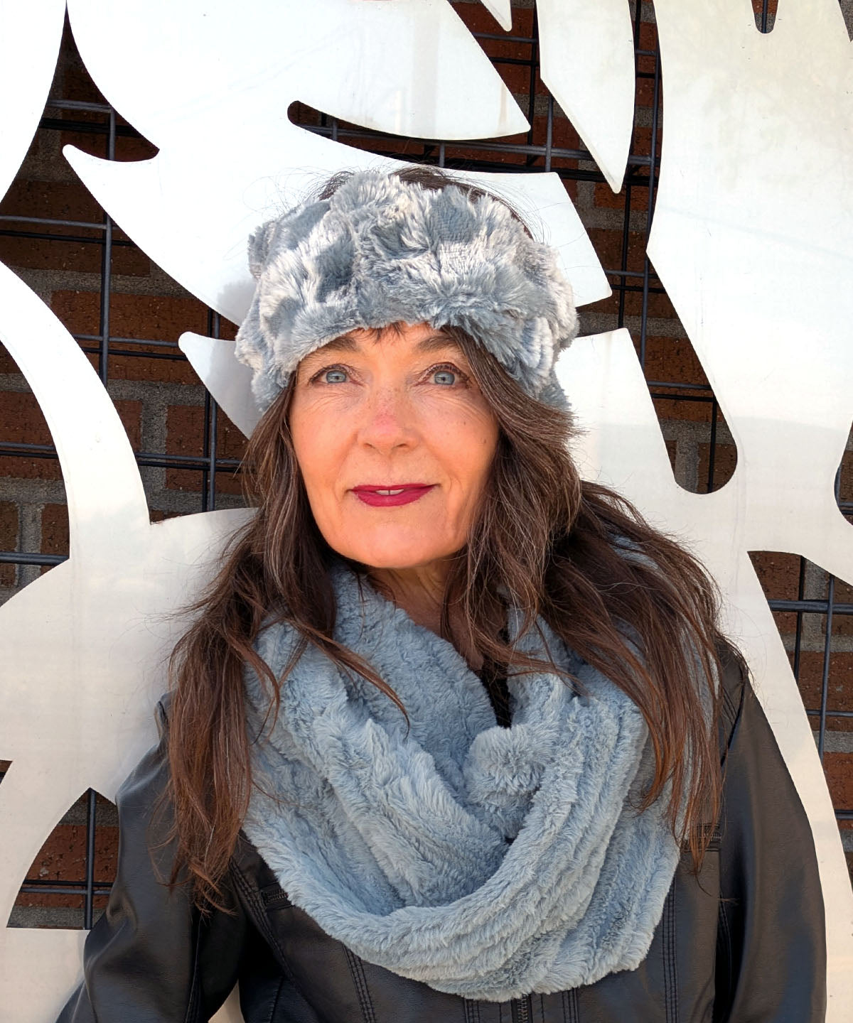 Model Wearing a Headband | Cloudwalk Blue Mist Faux Fur | Featuring Infinity in Cirrus Blue Mist Faux Fur | Handmade in Seattle WA  USA | By Pandemonium Seattle 