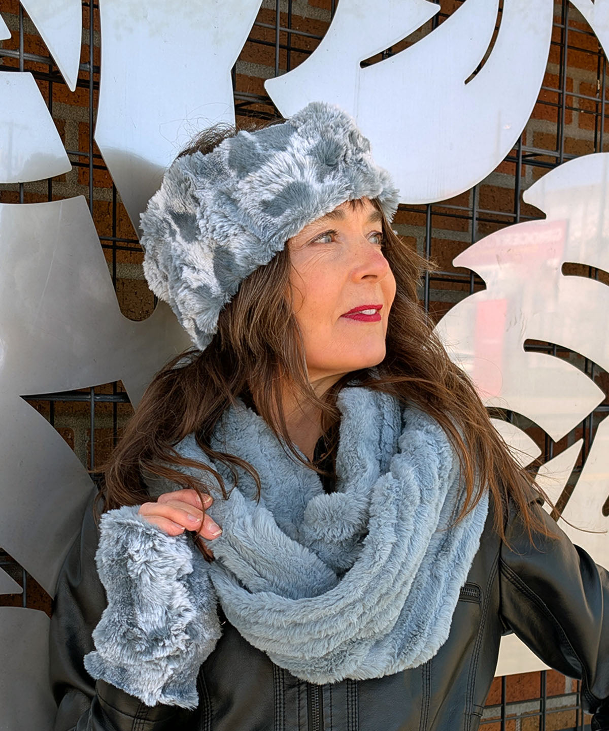 Model Wearing a Fingerless  Gloves | Cloudwalk Blue Mist | Featuring Matching Headband With Infinity Scarf in  Cirrus Blue Mist | Handmade in Seattle WA  USA | By Pandemonium Seattle 